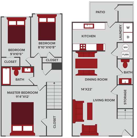 3 bedroom apartment floor plan in Wichita, KS